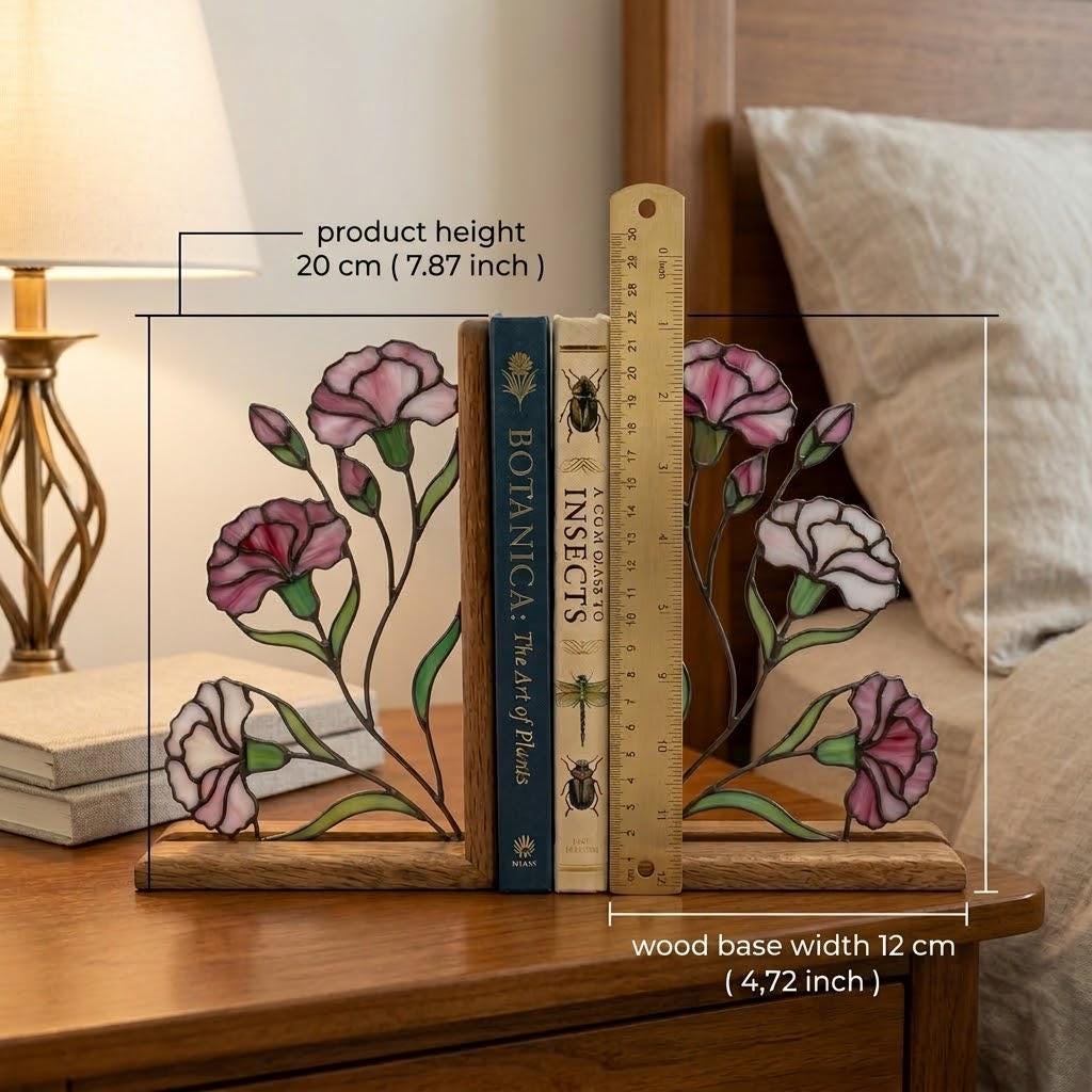 Handmade stained glass pink carnation flower bookends on premium solid wood bases, beautiful Mother's Day gift and january birth flower botanical shelf decor.
