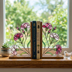 Handmade stained glass pink carnation flower bookends on premium solid wood bases, beautiful Mother's Day gift and january birth flower botanical shelf decor.