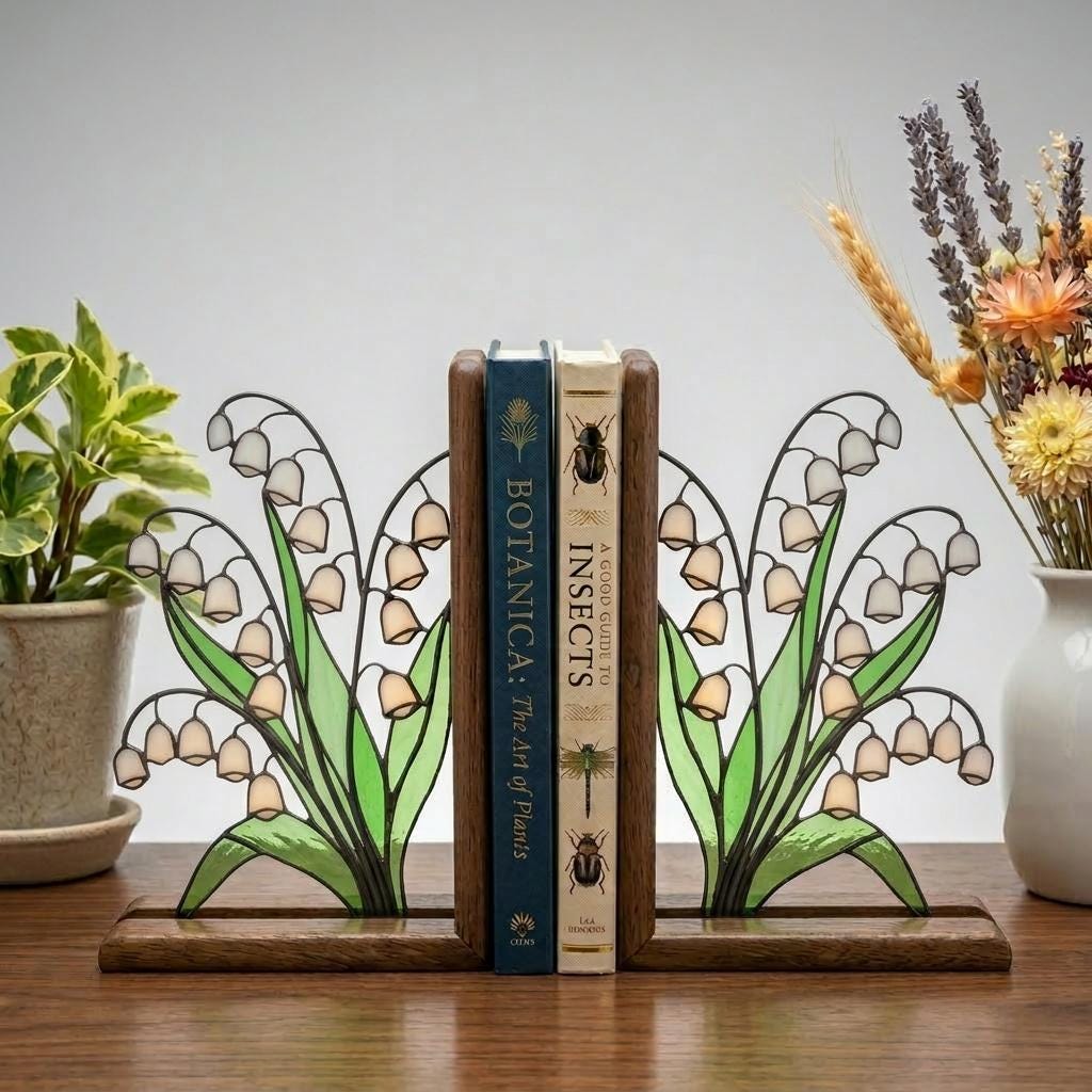 Handmade stained glass white lily of the valley flower bookends on solid wood bases, beautiful May birth flower botanical shelf decor and Mother's Day gift.