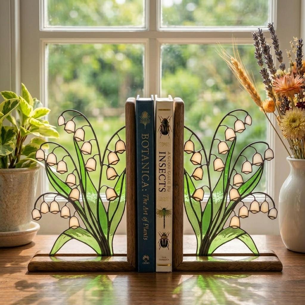 Handmade stained glass white lily of the valley flower bookends on solid wood bases, beautiful May birth flower botanical shelf decor and Mother's Day gift.