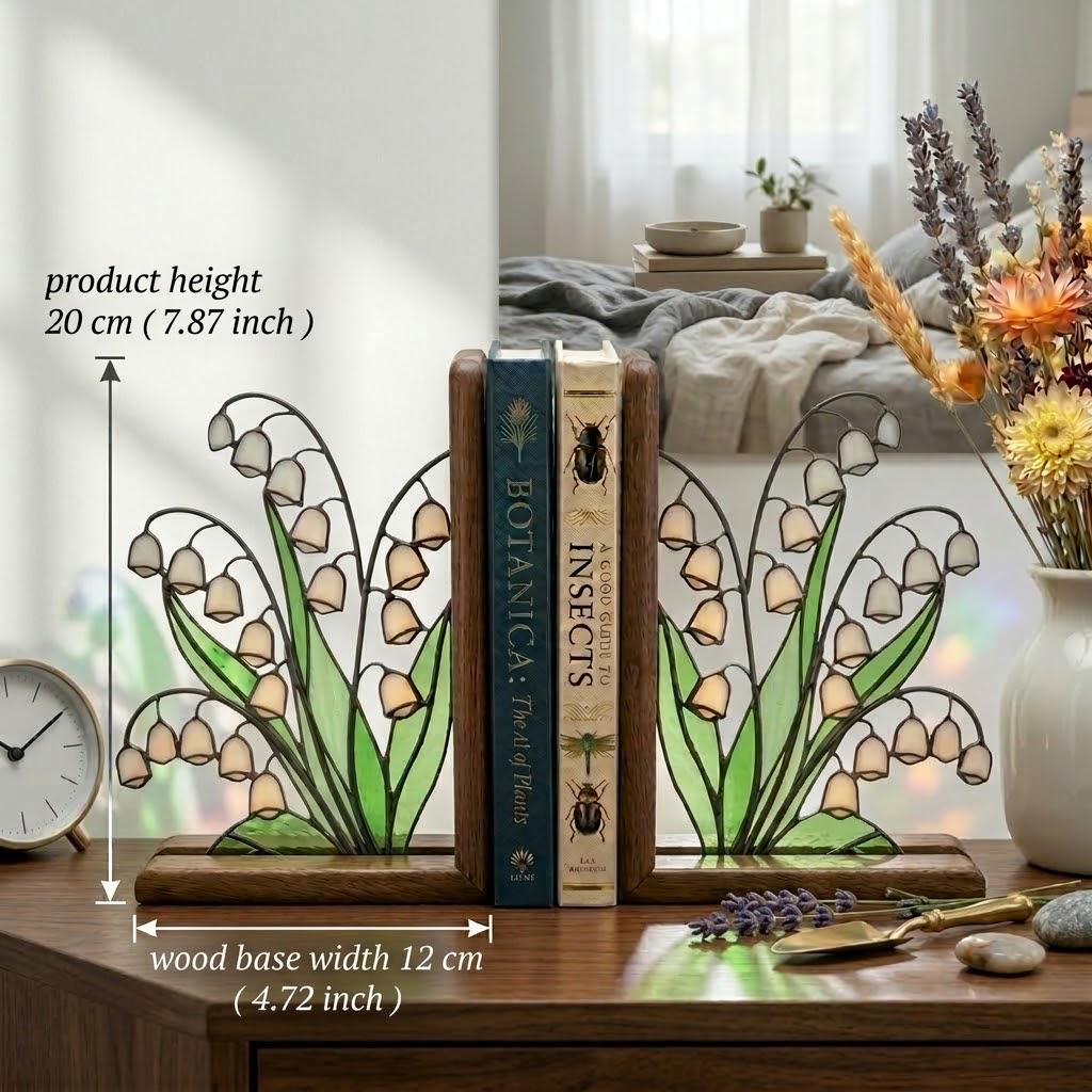 Handmade stained glass white lily of the valley flower bookends on solid wood bases, beautiful May birth flower botanical shelf decor and Mother's Day gift.