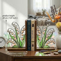 Handmade stained glass white lily of the valley flower bookends on solid wood bases, beautiful May birth flower botanical shelf decor and Mother's Day gift.