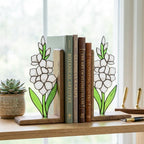Handmade stained glass white gladiolus flower bookends on premium wood bases presented in a gift box, elegant august birth flower shelf decor.