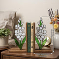 Handmade stained glass white gladiolus flower bookends on premium wood bases presented in a gift box, elegant august birth flower shelf decor.