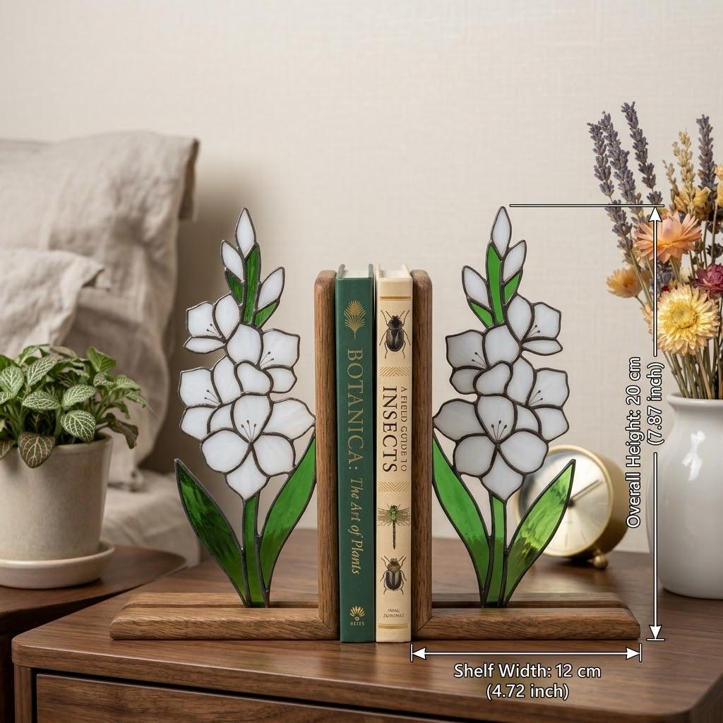 Handmade stained glass white gladiolus flower bookends on premium wood bases presented in a gift box, elegant august birth flower shelf decor.