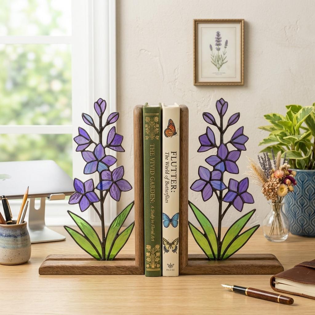 Handmade stained glass purple larkspur flower bookends on premium wood bases casting colorful shadows, beautiful July birth flower botanical shelf decor.