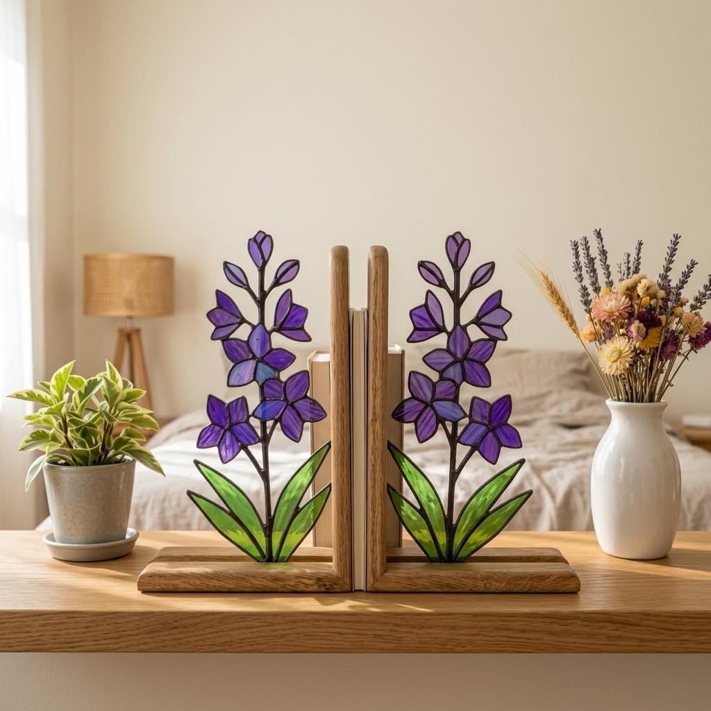 Handmade stained glass purple larkspur flower bookends on premium wood bases casting colorful shadows, beautiful July birth flower botanical shelf decor.