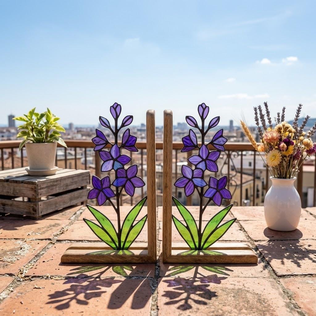 Handmade stained glass purple larkspur flower bookends on premium wood bases casting colorful shadows, beautiful July birth flower botanical shelf decor.