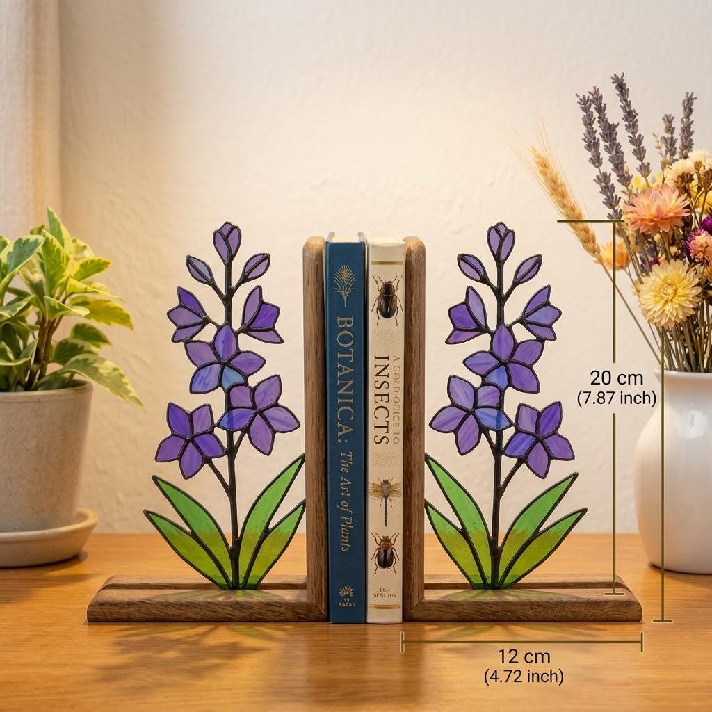 Handmade stained glass purple larkspur flower bookends on premium wood bases casting colorful shadows, beautiful July birth flower botanical shelf decor.