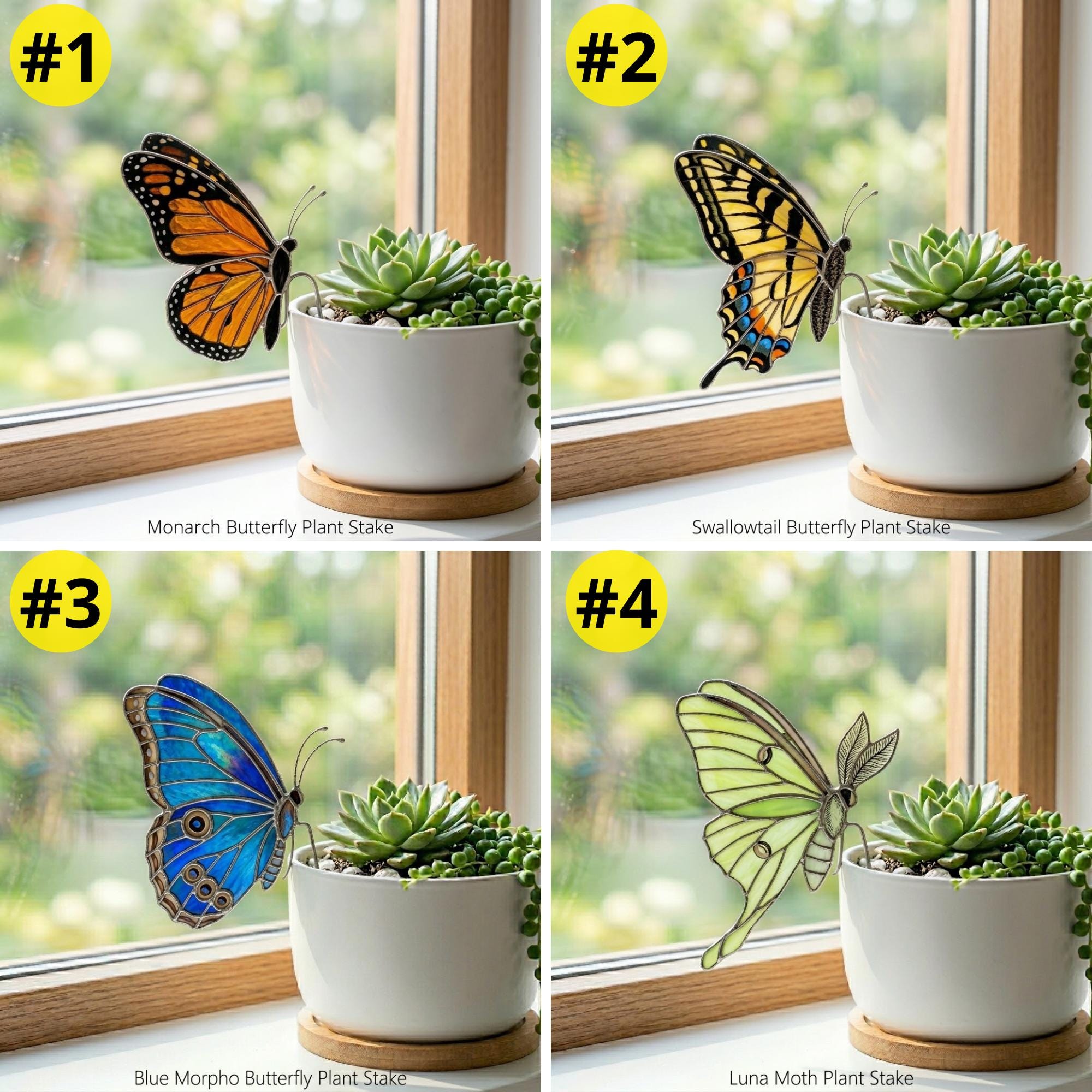 Monarch Butterfly Stained Glass Stake Indoor Planter Decor Botanical Fairy Garden Memorial Gift for Mom Plant Lover Suncatcher