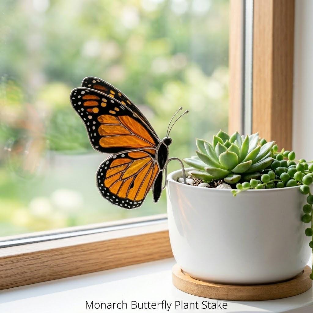 Monarch Butterfly Stained Glass Stake Indoor Planter Decor Botanical Fairy Garden Memorial Gift for Mom Plant Lover Suncatcher