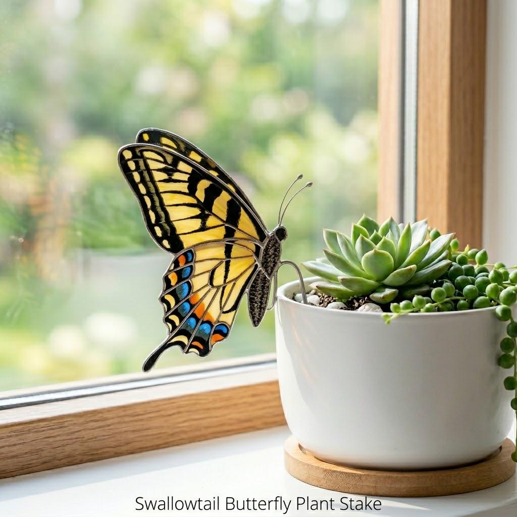 Stained Glass Monarch Butterfly Plant Stake | Handmade Window Hanging, Garden Decor, Gift for Mom or Nature Lovers