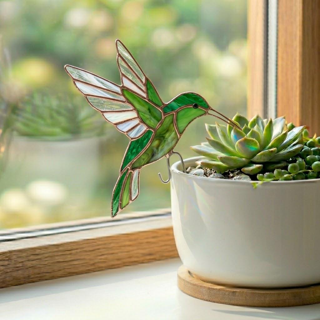 Hummingbird Stained Glass Plant Stake Indoor Planter Window Decor Cottagecore Fairy Garden Gift for Plant Lover Mom Botanical Art