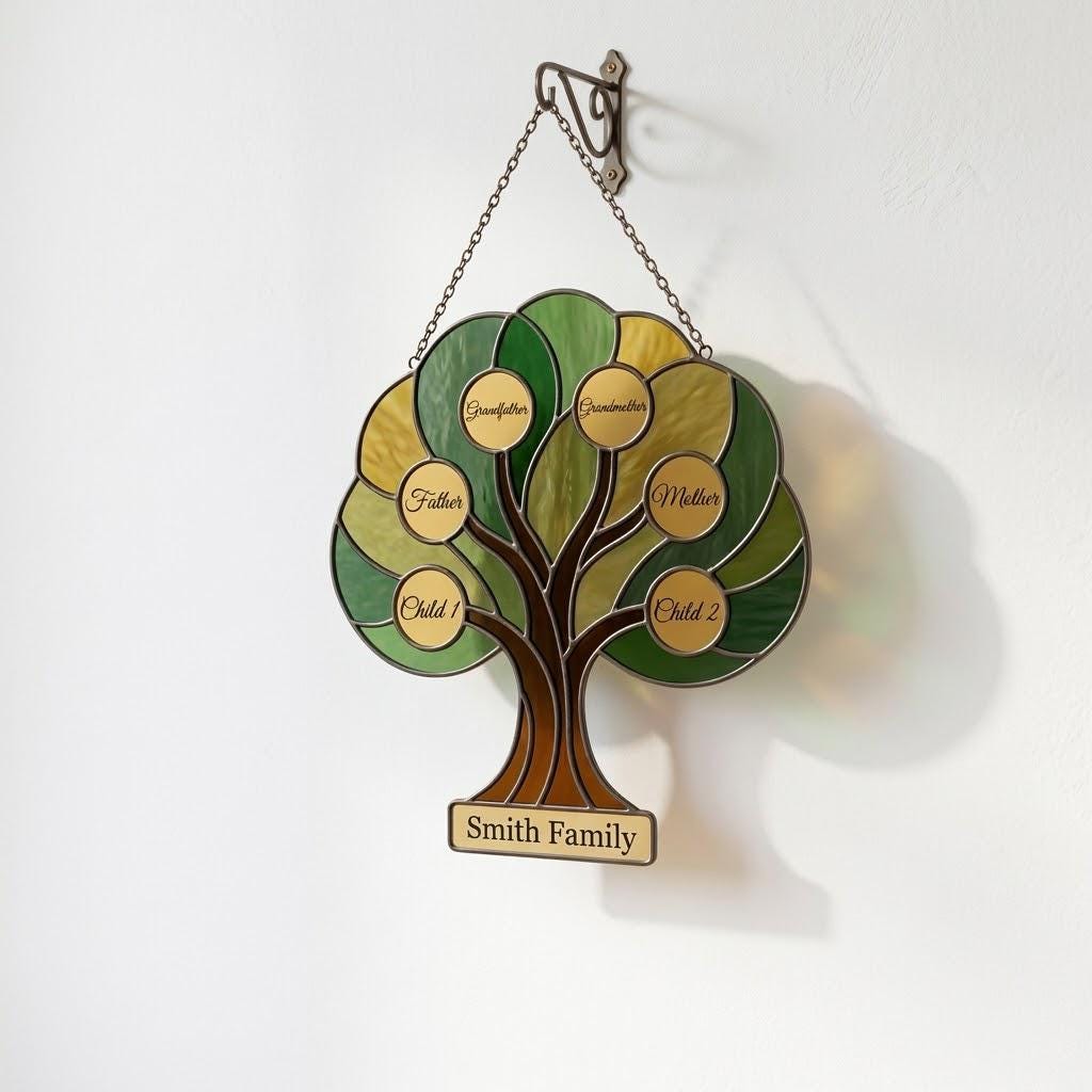 Custom Family Tree Stained Glass Suncatcher Personalized Gift for Grandma Tree of Life Window Hanging Thoughtful Mother's Day Gift