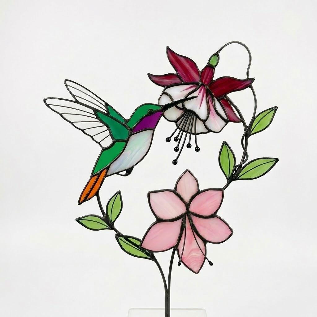 Handmade stained glass hummingbird and pink fuchsia flower plant stake decor in a potted plant, beautiful spring suncatcher and Mother's Day gift.