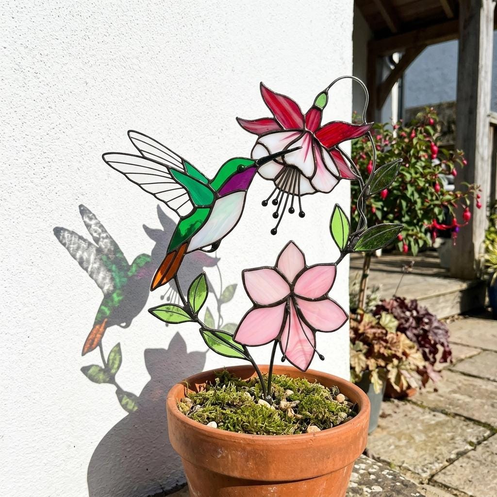 Handmade stained glass hummingbird and pink fuchsia flower plant stake decor in a potted plant, beautiful spring suncatcher and Mother's Day gift.