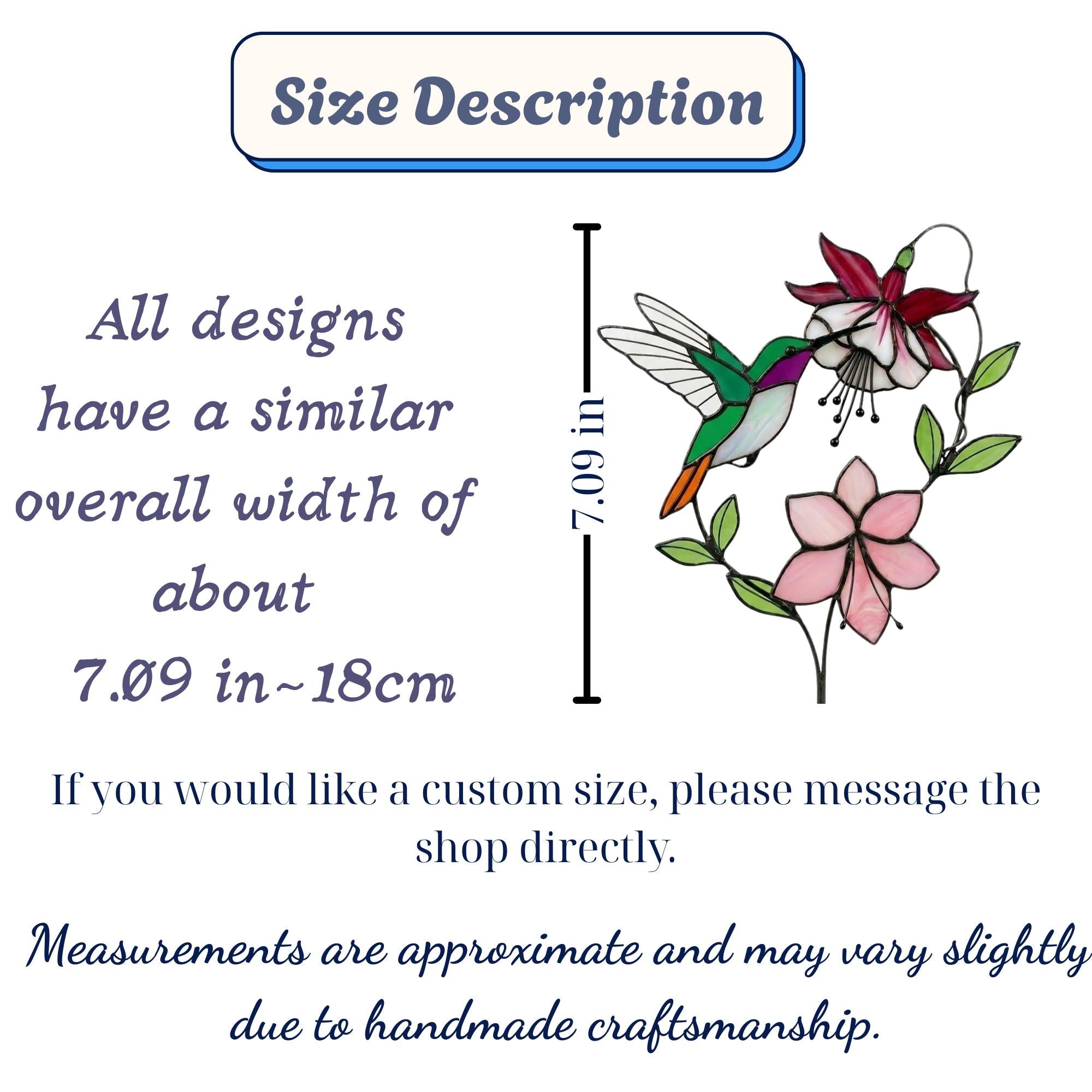 Handmade stained glass hummingbird and pink fuchsia flower plant stake decor in a potted plant, beautiful spring suncatcher and Mother's Day gift.