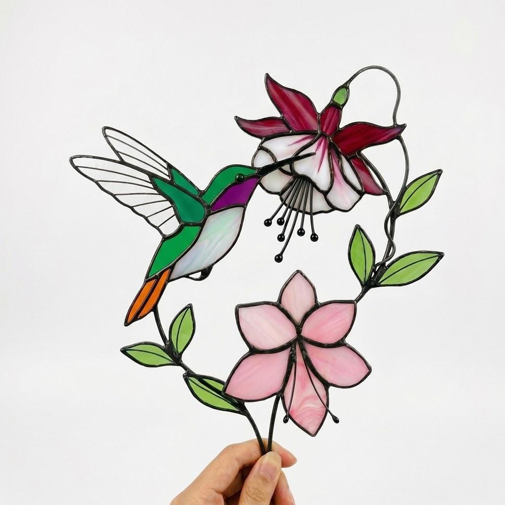 Handmade stained glass hummingbird and pink fuchsia flower plant stake decor in a potted plant, beautiful spring suncatcher and Mother's Day gift.