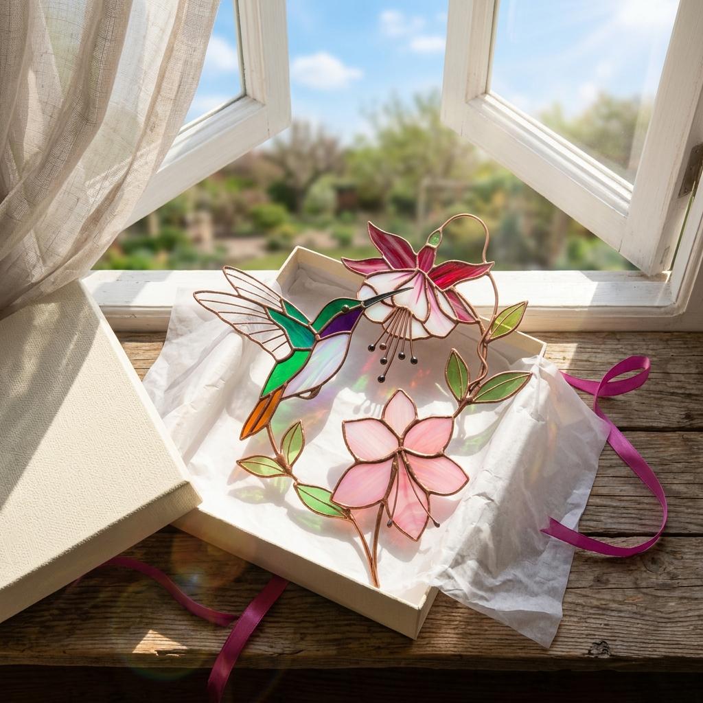 Handmade stained glass hummingbird and pink fuchsia flower plant stake decor in a potted plant, beautiful spring suncatcher and Mother's Day gift.