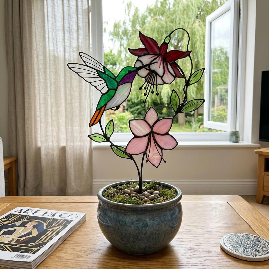 Handmade stained glass hummingbird and pink fuchsia flower plant stake decor in a potted plant, beautiful spring suncatcher and Mother's Day gift.