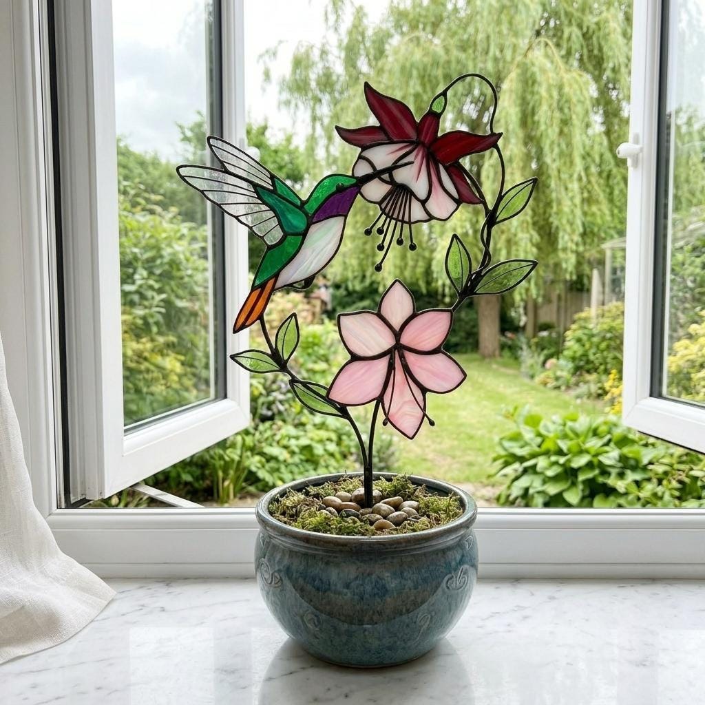 Handmade stained glass hummingbird and pink fuchsia flower plant stake decor in a potted plant, beautiful spring suncatcher and Mother's Day gift.