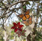 Handmade stained glass monarch and blue morpho butterfly with lily flower suncatcher window hanging decor, perfect mothers day and memorial gift.