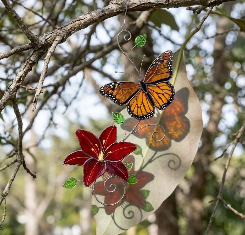 Handmade stained glass monarch and blue morpho butterfly with lily flower suncatcher window hanging decor, perfect mothers day and memorial gift.