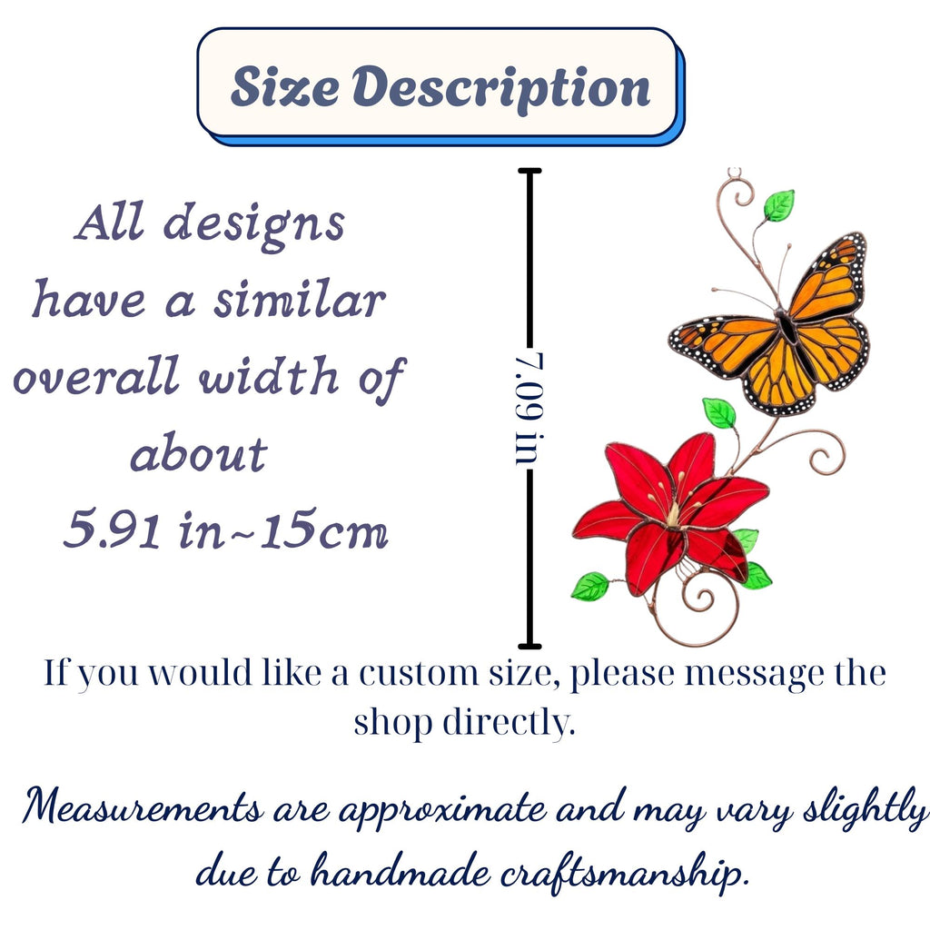 Handmade stained glass monarch and blue morpho butterfly with lily flower suncatcher window hanging decor, perfect mothers day and memorial gift.