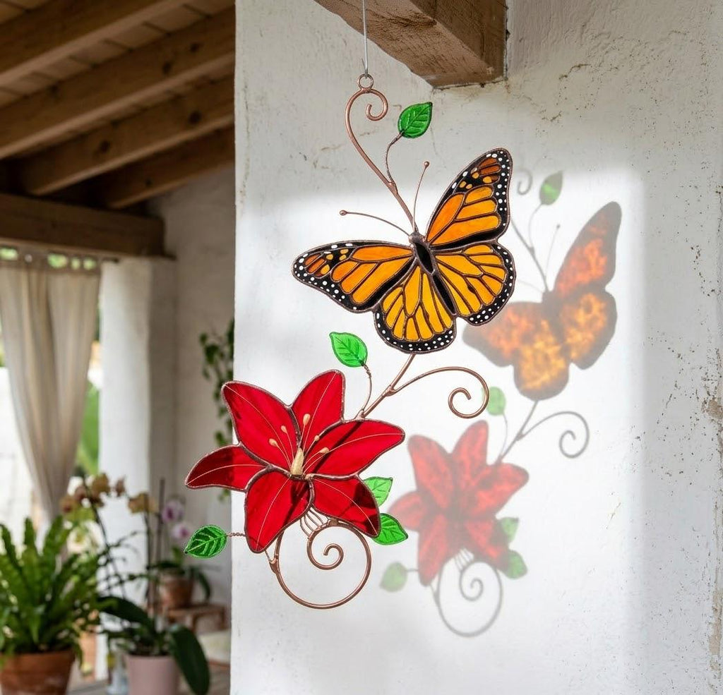 Handmade stained glass monarch and blue morpho butterfly with lily flower suncatcher window hanging decor, perfect mothers day and memorial gift.