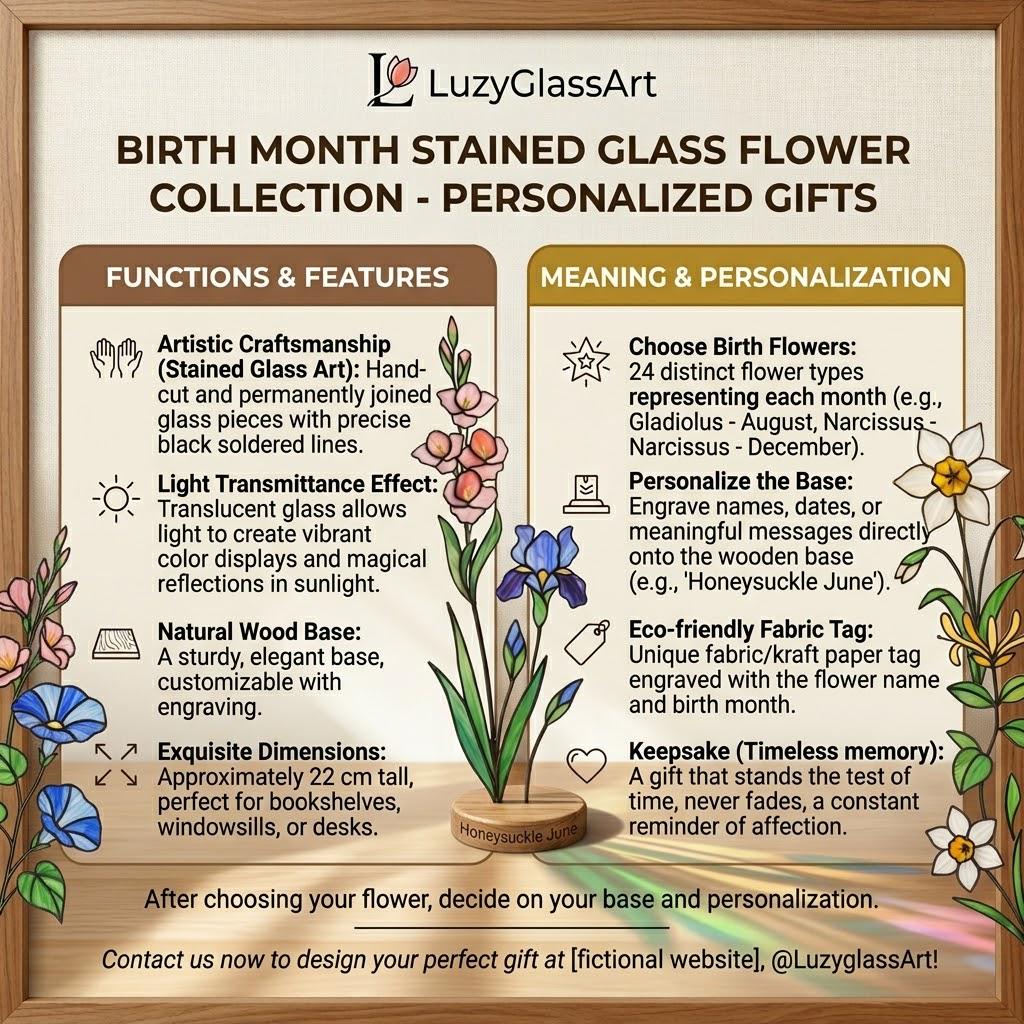 Handcrafted flat stained glass birth month flowers standing on personalized wooden bases, casting colorful light reflections. Perfect Mother's Day or birthday gift.