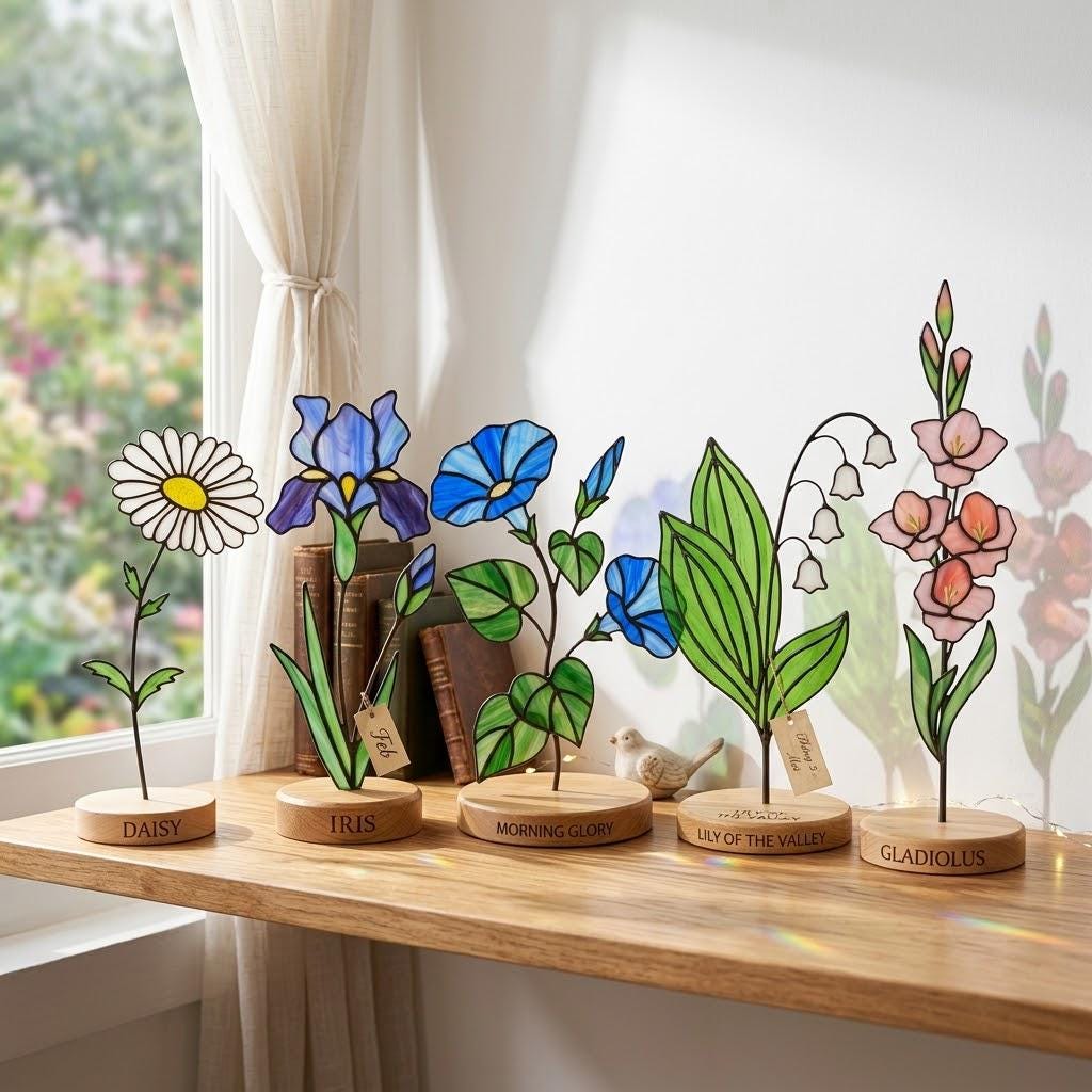 Handcrafted 2D flat stained glass birth month flower suncatcher standing on a custom engraved wooden base, perfect for office desk decor or a personalized birthday gift for women.
