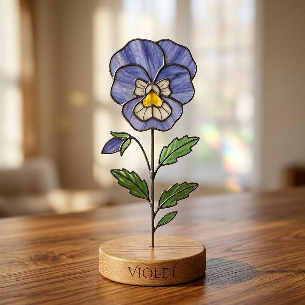 Handcrafted 2D flat stained glass birth month flower suncatcher standing on a custom engraved wooden base, perfect for office desk decor or a personalized birthday gift for women.