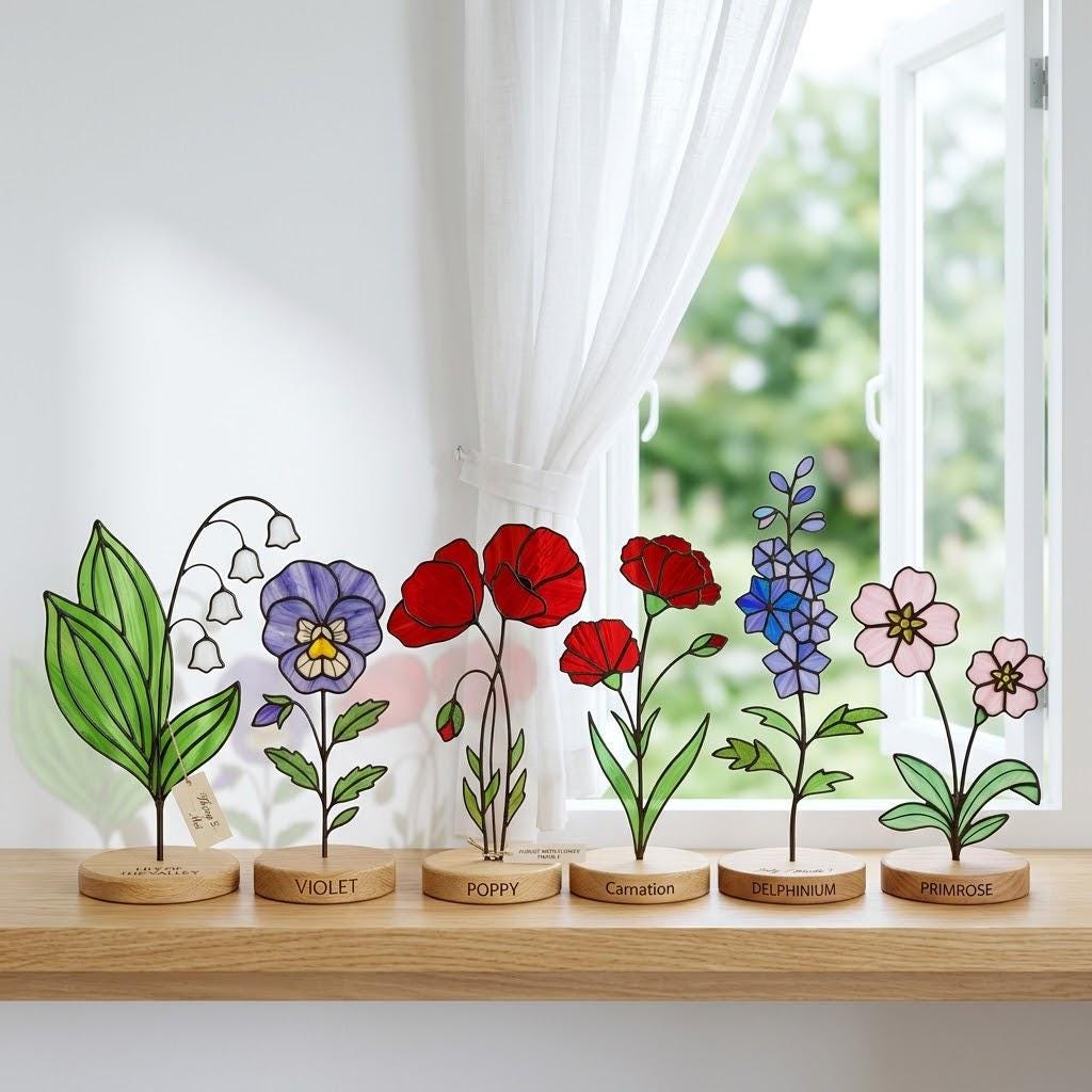 Handcrafted 2D flat stained glass birth month flower suncatcher standing on a custom engraved wooden base, perfect for office desk decor or a personalized birthday gift for women.
