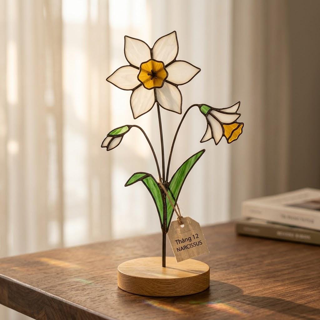 Handcrafted flat stained glass birth month flowers standing on personalized wooden bases, casting colorful light reflections. Perfect Mother's Day or birthday gift.