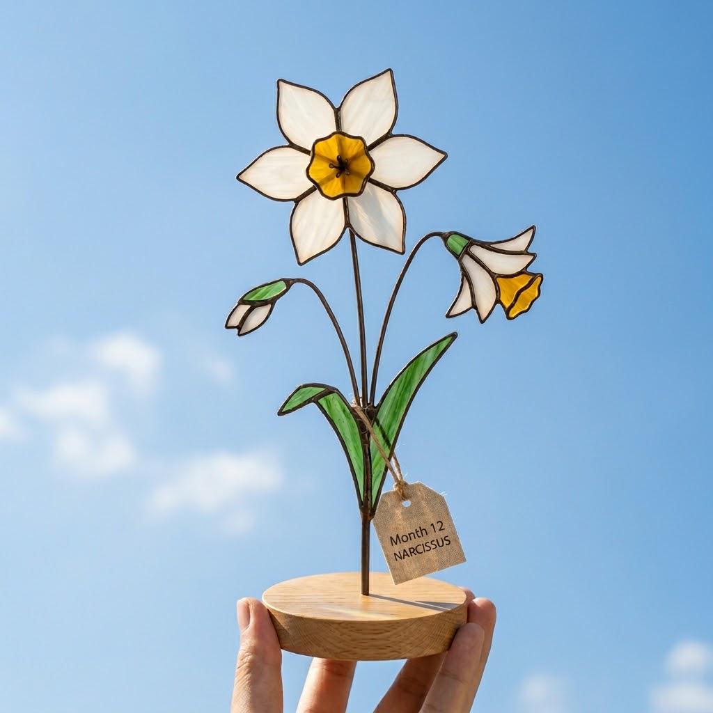 Handcrafted 2D flat stained glass birth month flower suncatcher standing on a custom engraved wooden base, perfect for office desk decor or a personalized birthday gift for women.
