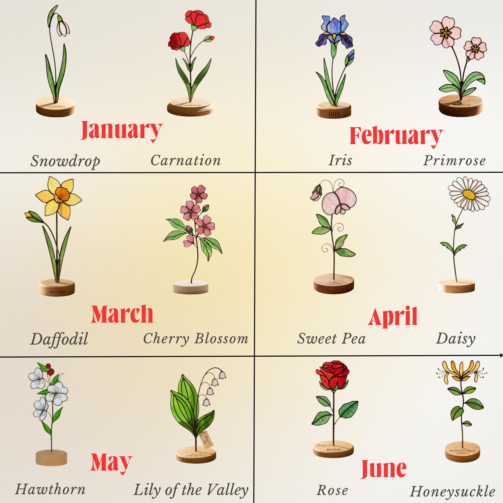 Handcrafted flat stained glass birth month flowers standing on personalized wooden bases, casting colorful light reflections. Perfect Mother's Day or birthday gift.