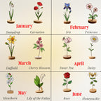 Handcrafted 2D flat stained glass birth month flower suncatcher standing on a custom engraved wooden base, perfect for office desk decor or a personalized birthday gift for women.