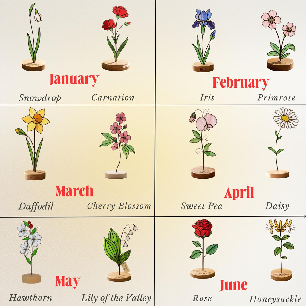 Handcrafted 2D flat stained glass birth month flower suncatcher standing on a custom engraved wooden base, perfect for office desk decor or a personalized birthday gift for women.
