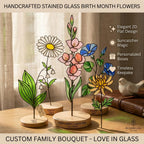Handcrafted 2D flat stained glass birth month flower suncatcher standing on a custom engraved wooden base, perfect for office desk decor or a personalized birthday gift for women.