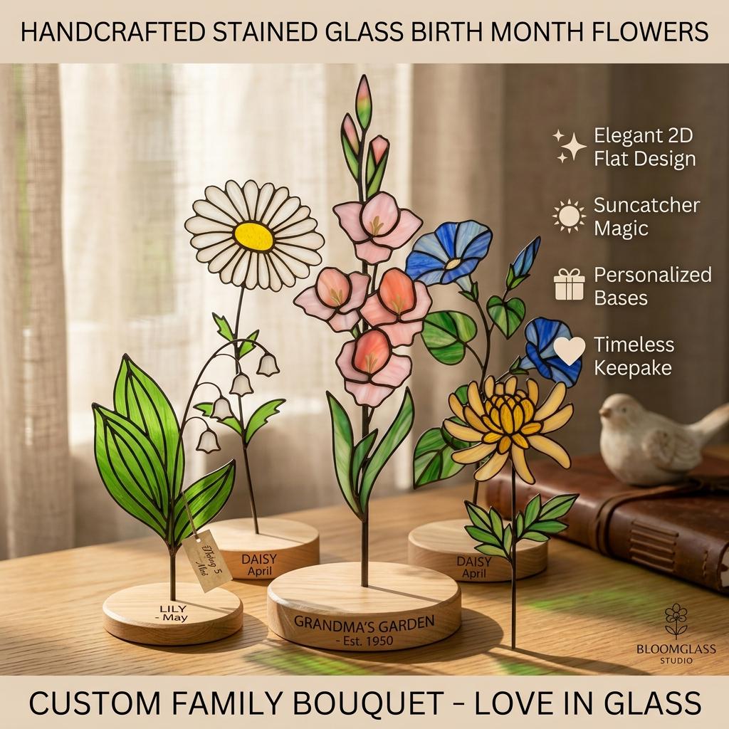 Handcrafted 2D flat stained glass birth month flower suncatcher standing on a custom engraved wooden base, perfect for office desk decor or a personalized birthday gift for women.