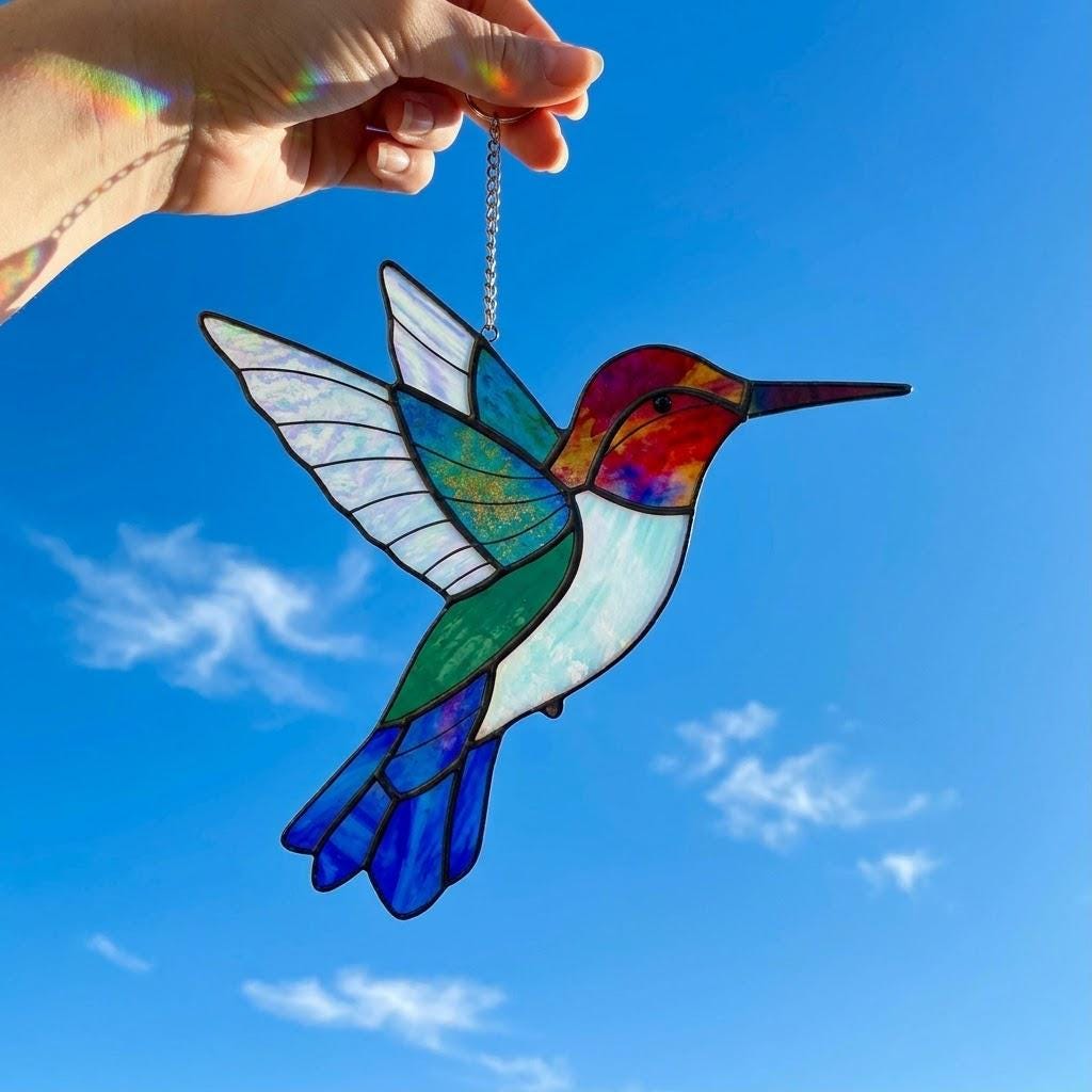 Stained Glass Hummingbird Suncatcher Mother's Day Gift for Mom Memorial Sympathy Gift Bird Window Decor Spring Sun Catcher Art