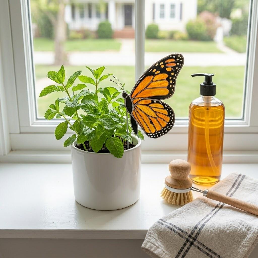 Handmade stained glass monarch butterfly plant stake displayed in a green ceramic planter