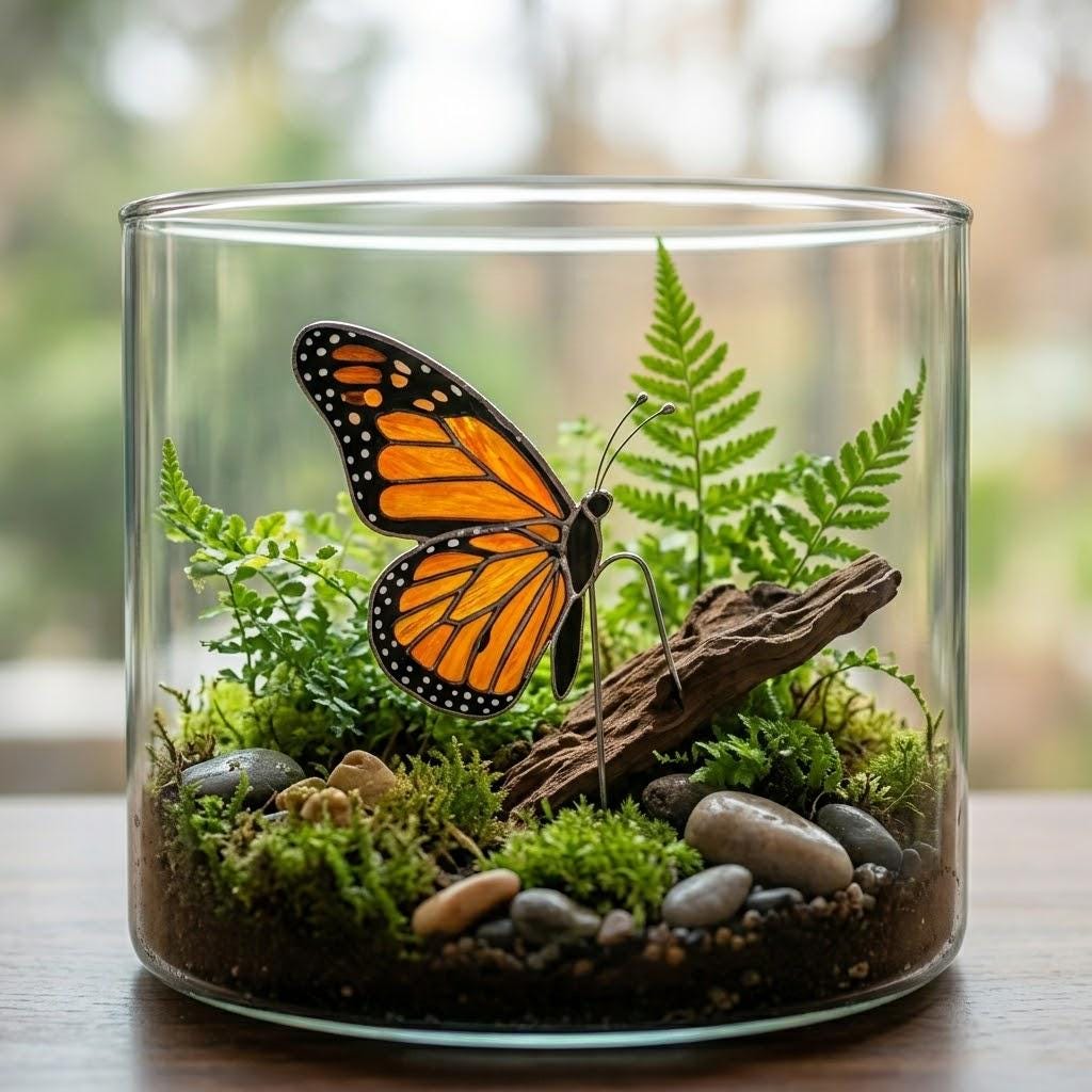Handmade stained glass monarch butterfly plant stake displayed in a green ceramic planter