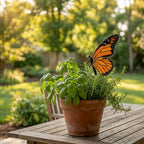 Handmade stained glass monarch butterfly plant stake displayed in a green ceramic planter