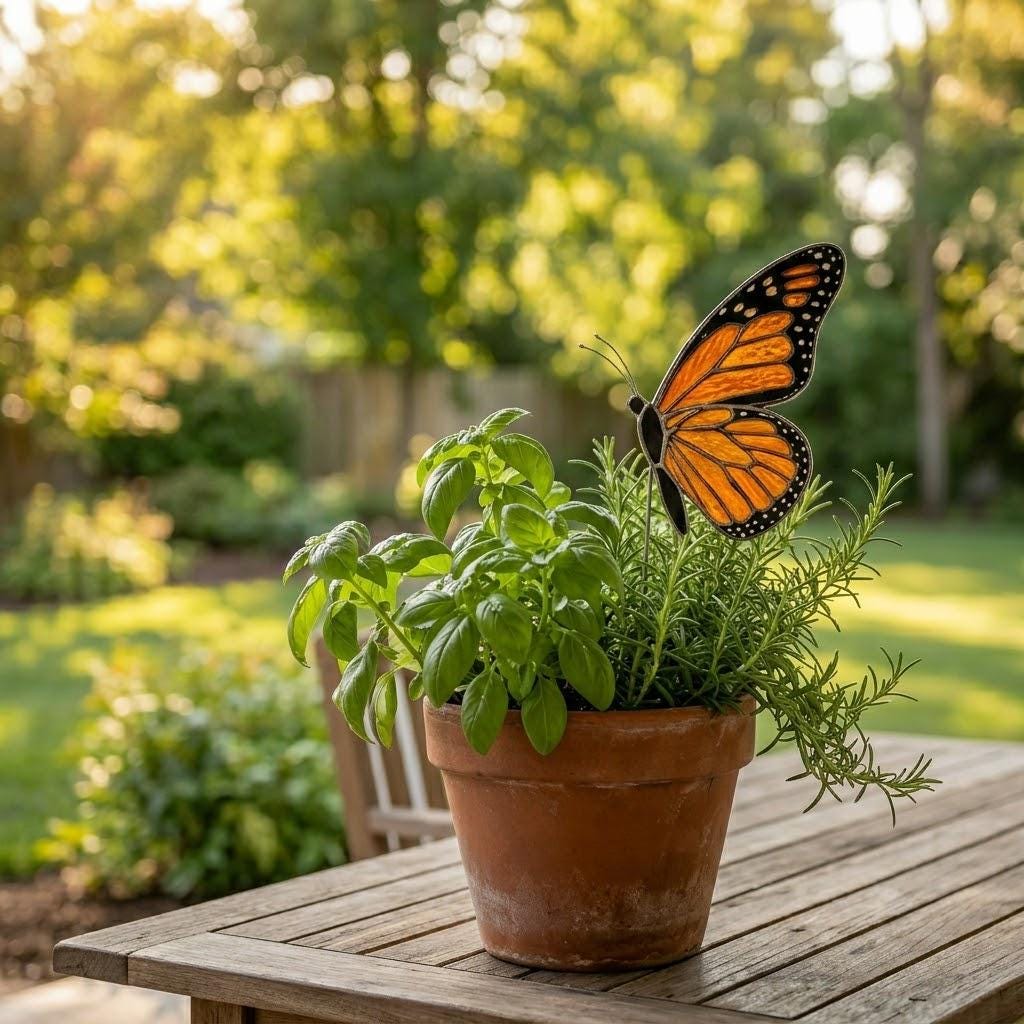 Handmade stained glass monarch butterfly plant stake displayed in a green ceramic planter
