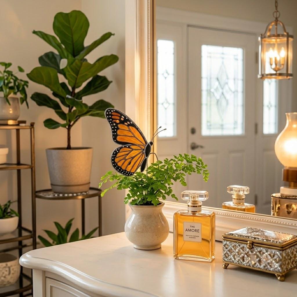 Handmade stained glass monarch butterfly plant stake displayed in a green ceramic planter