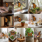 Handmade stained glass monarch butterfly plant stake displayed in a green ceramic planter