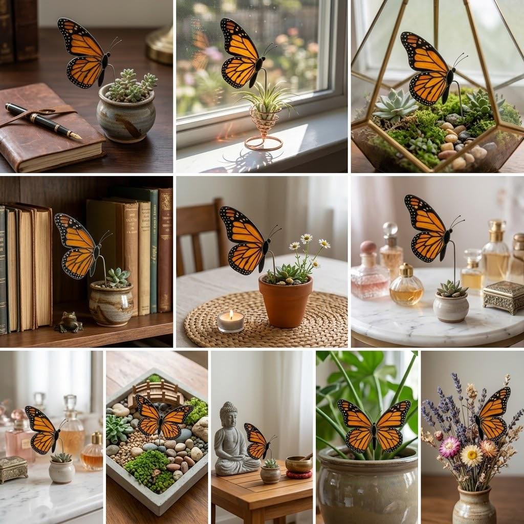Handmade stained glass monarch butterfly plant stake displayed in a green ceramic planter