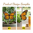 Handmade stained glass monarch butterfly plant stake displayed in a green ceramic planter