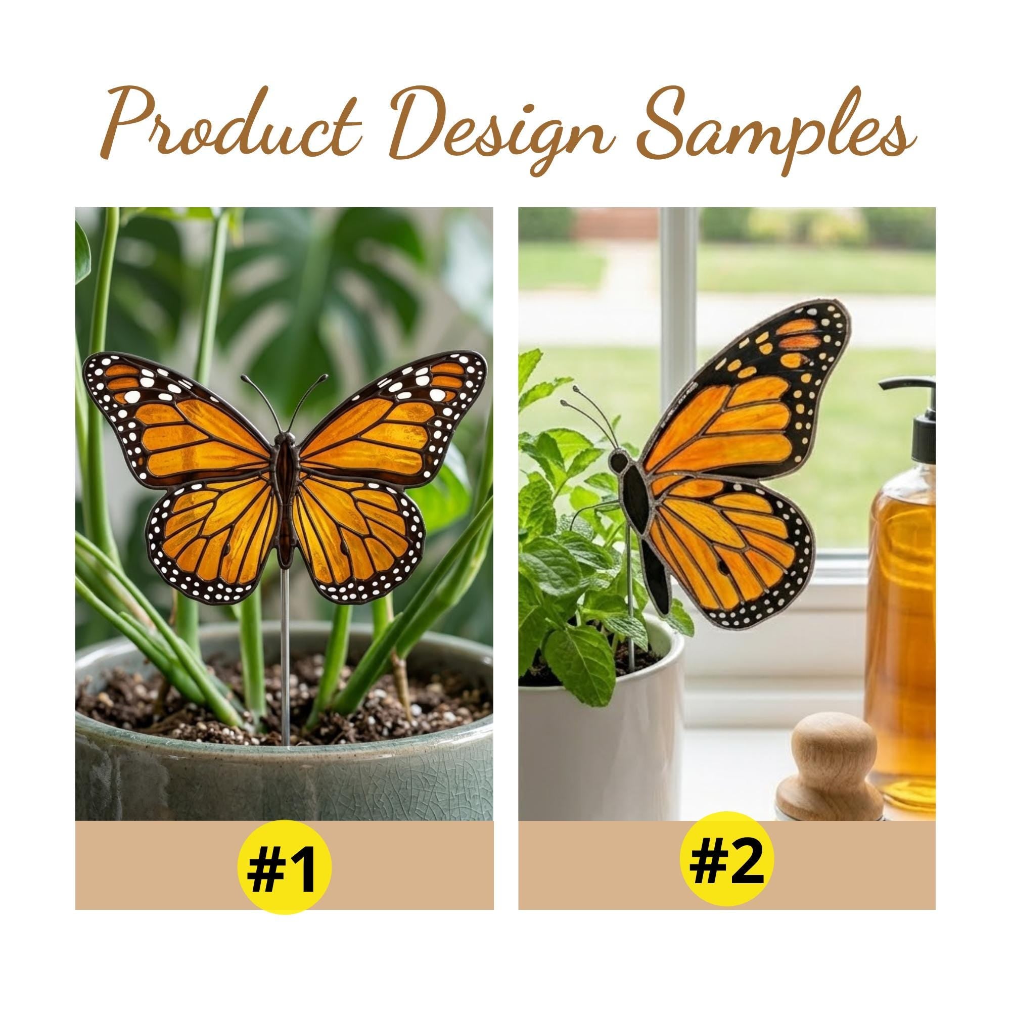 Handmade stained glass monarch butterfly plant stake displayed in a green ceramic planter